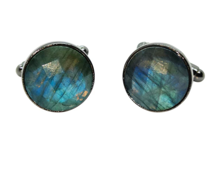 Boutons de manchettes 14 mm en mtal et labradorite bleu lagon  facettes