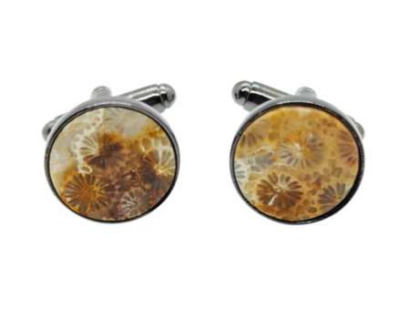 Boutons de manchettes 14 mm en mtal et corail fossilis