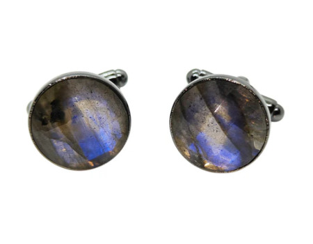 Boutons de manchettes 14 mm en mtal et labradorite bleu lectrique  facettes